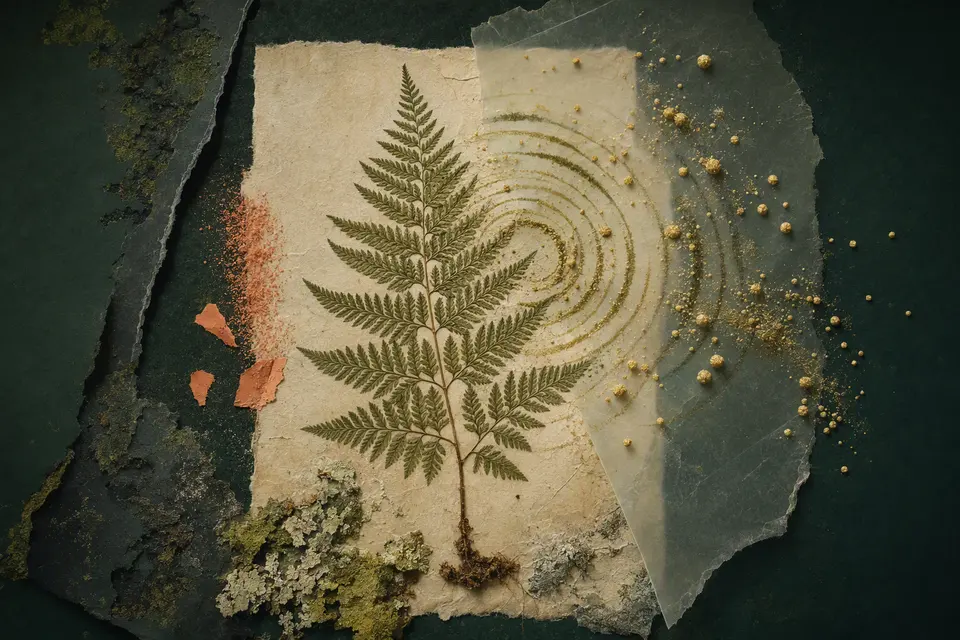 A pressed fern unfurls into concentric sound waves and golden pollen on a dark field-guide plate.